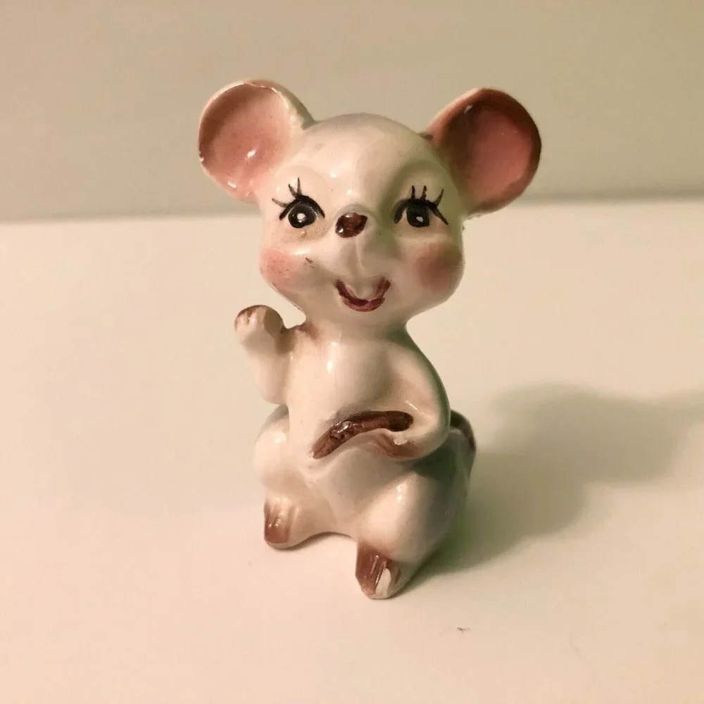 Vintage Tiny Mouse Ceramic Figurine Japan 2 Inch Tall Collectible Figure